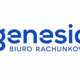 Niebieskie logo firmy Genesia Biuro Rachunkowe na białym tle.