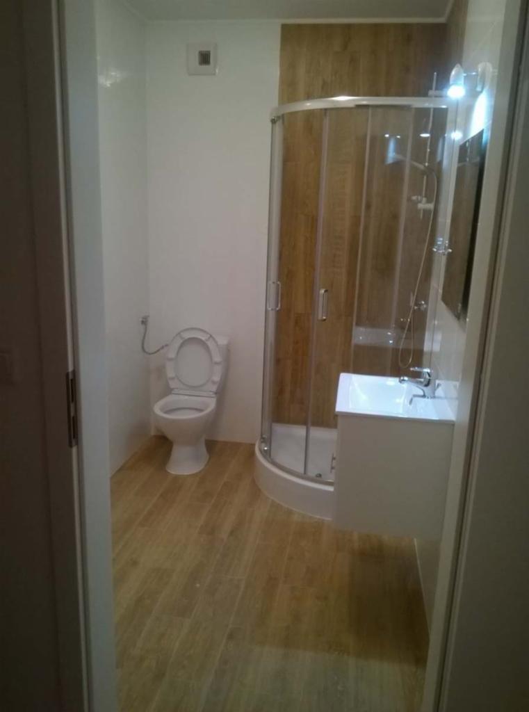 Wykończona łazienka z kabiną prysznicową, toaletą i umywalką z szafką, wykończona w jasnych kolorach z drewnopodobną podłogą i okładziną ściany prysznica.