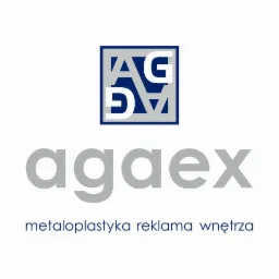Logo firmy Agaex z napisem 'metaloplastyka reklama wnętrza' poniżej nazwy firmy, umieszczone na białym tle.