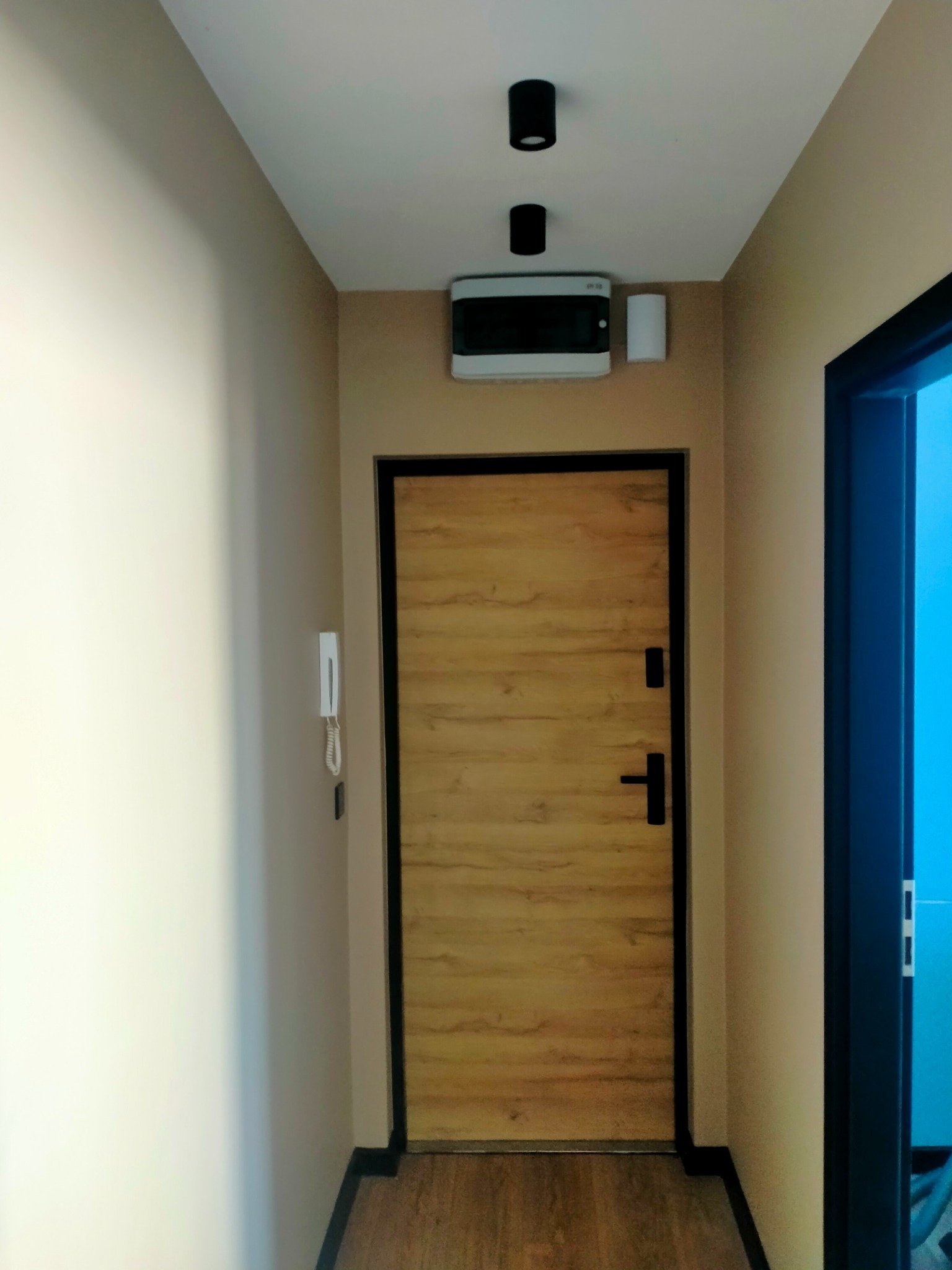 Korytarz po remoncie z drewnopodobną podłogą, beżowe ściany, drewniane drzwi z czarną ramą, czarne lampy sufitowe i biała skrzynka elektryczna pod sufitem.