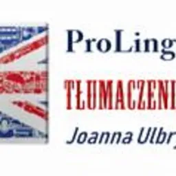 Logo firmy ProLingua z napisem Tłumaczenia, obok grafika w kształcie flagi Wielkiej Brytanii wypełnionej miniaturami charakterystycznych element&oacute;w brytyjskiej kultury.