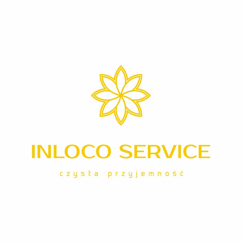 Żółte logo firmy Inloco Service z hasłem 'czysta przyjemność' na białym tle.