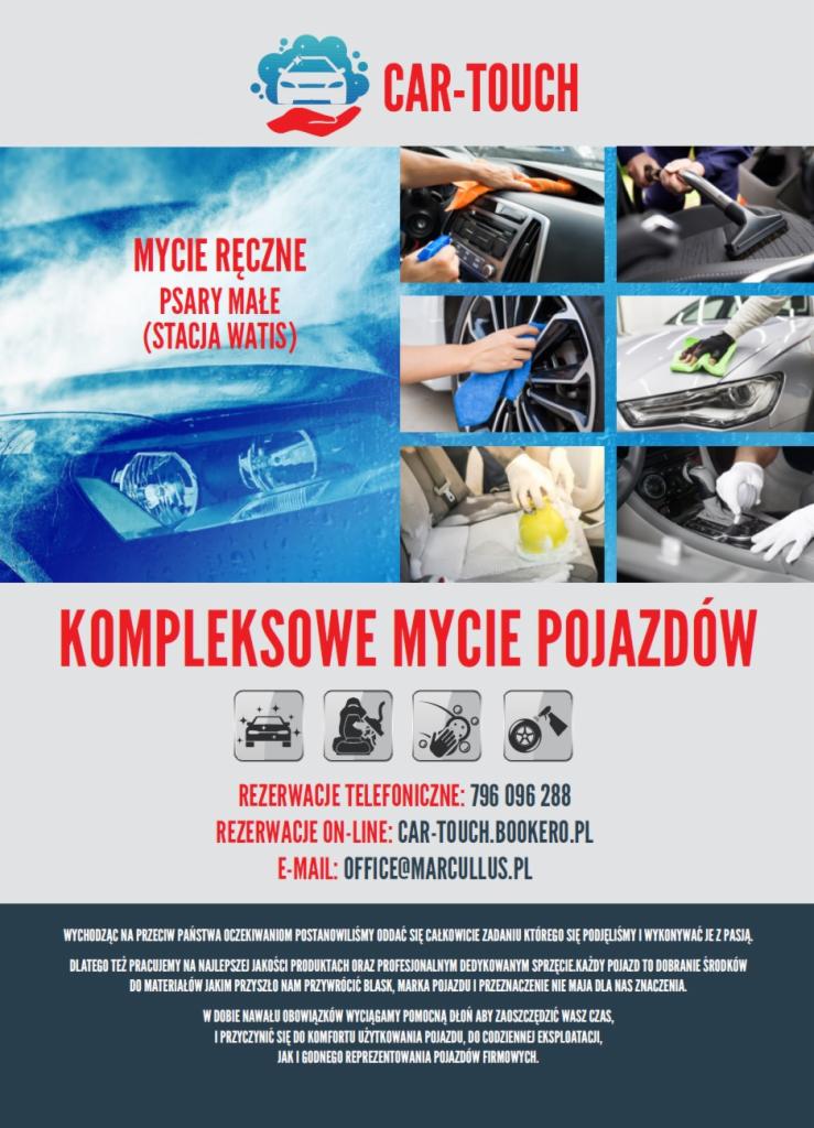 Plakat reklamowy myjni samochodowej Car-Touch z hasłem 'Kompleksowe mycie pojazdów', prezentujący kolaż zdjęć z różnych etapów czyszczenia wnętrza i karoserii auta, w tym detale takie jak kokpit...