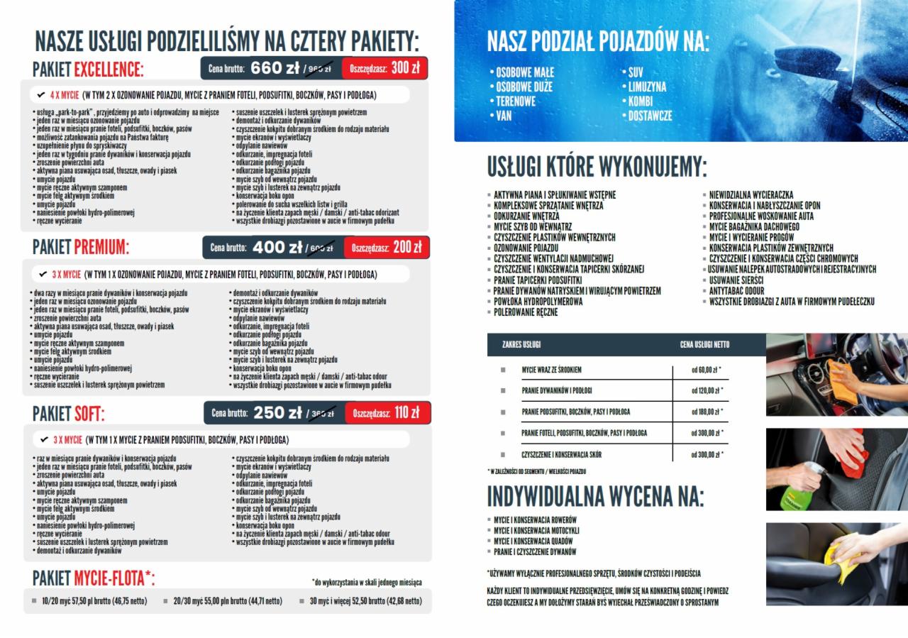 Ulotka reklamowa firmy oferującej pakiety usług mycia i czyszczenia pojazdów, w tym pranie tapicerki i ozonowanie, z wyszczególnionymi cenami i zakresem usług.