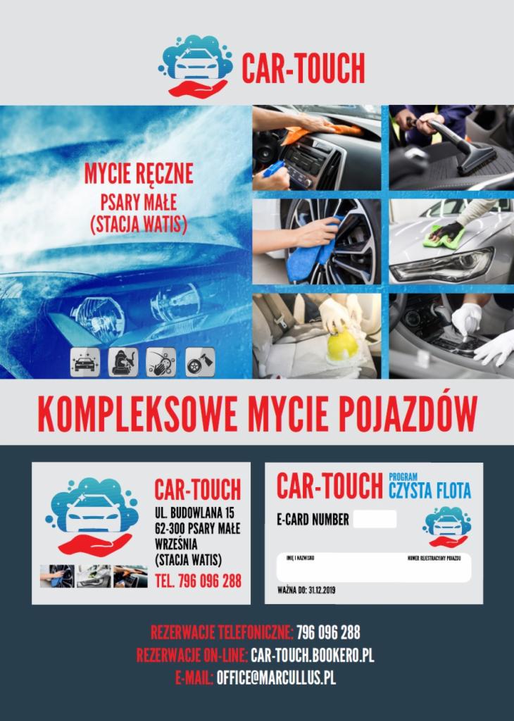 Kompozycja zdjęć prezentujących etapy ręcznego mycia samochodu, w tym czyszczenie wnętrza, felg i karoserii, uzupełniona o logo firmy i informacje kontaktowe.