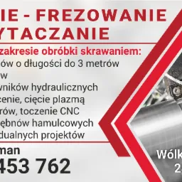 Grafika reklamowa usług obróbki skrawaniem: toczenie, frezowanie, wytaczanie. W tle zbliżenie na proces toczenia metalu z wiórami.
