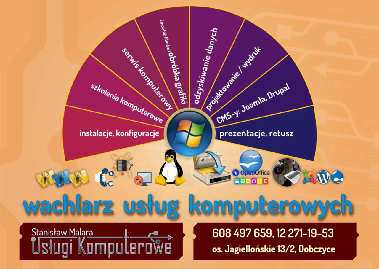 Grafika reklamowa usług komputerowych prezentująca wachlarz działalności, w tym instalacje, konfiguracje, serwis, szkolenia, obróbkę grafiki, odzyskiwanie danych, projektowanie, CMS i prezentacje.