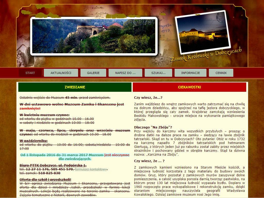 Strona internetowa Zamku Królewskiego w Dobczycach z informacjami o zwiedzaniu i ciekawostkami historycznymi.