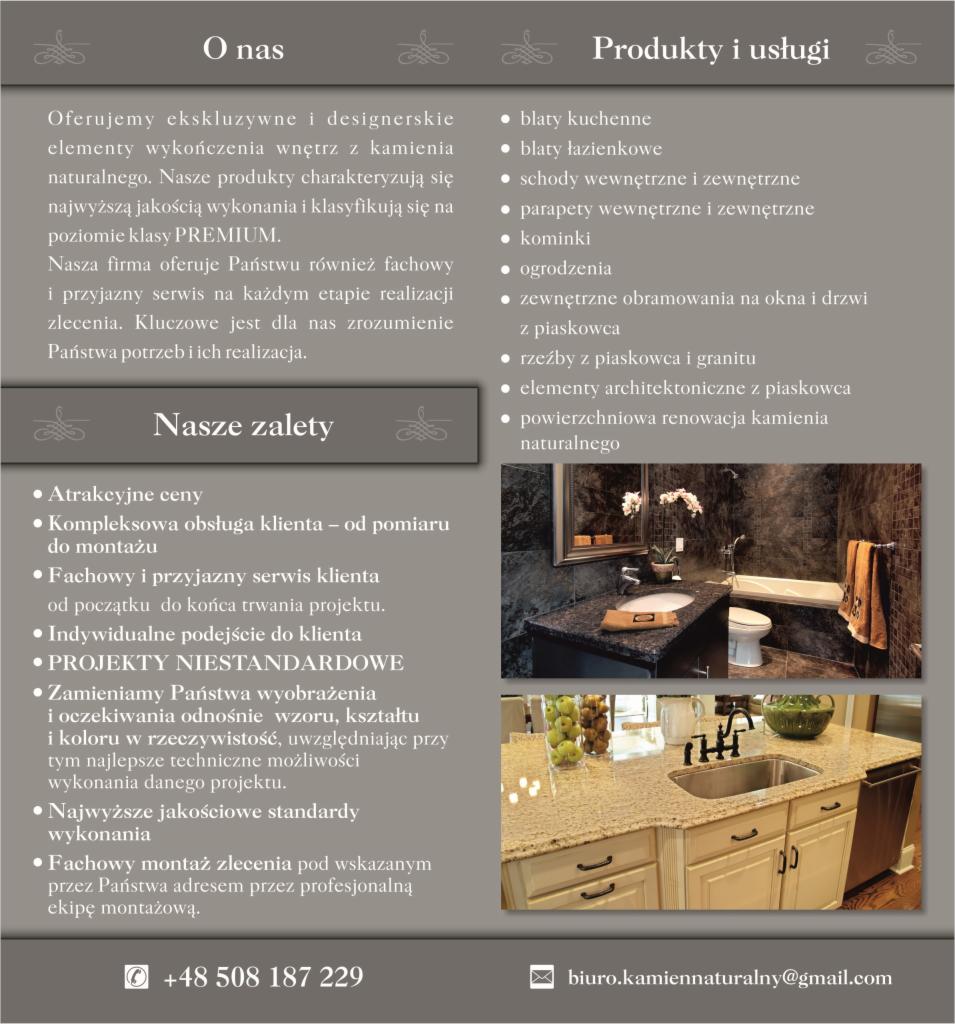 Reklama firmy oferującej ekskluzywne elementy wykończenia wnętrz z kamienia naturalnego, prezentująca blaty kuchenne i łazienkowe z kamienia, umywalki, schody wewnętrzne i zewnętrzne, parapety...