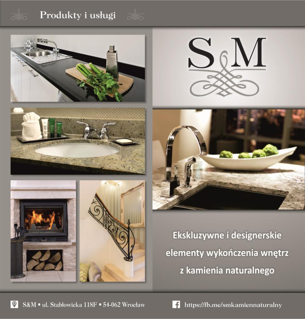 Kompozycja z kilku zdjęć prezentujących elementy wykończenia wnętrz z kamienia naturalnego: blat kuchenny z warzywami, umywalka z kosmetykami, nowoczesna bateria kuchenna, kominek z paleniskiem...