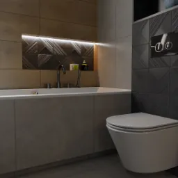 Wizualizacja nowoczesnej łazienki z wanną obudowaną szarymi płytami, toaletą wiszącą na tle ściany z czarnych, trójwymiarowych płytek, oraz oknem z widokiem na jesienne drzewa.