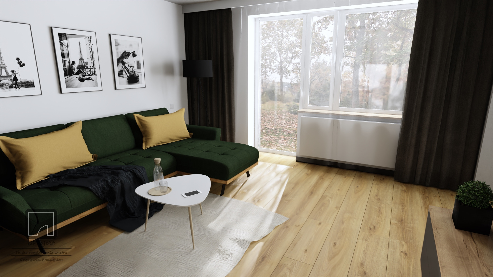 Wizualizacja salonu z zieloną sofą narożną, żółtymi poduszkami, białym stolikiem kawowym z telefonem, i trzema czarno-białymi obrazami na ścianie, oświetlonego światłem dziennym z dużego okna...