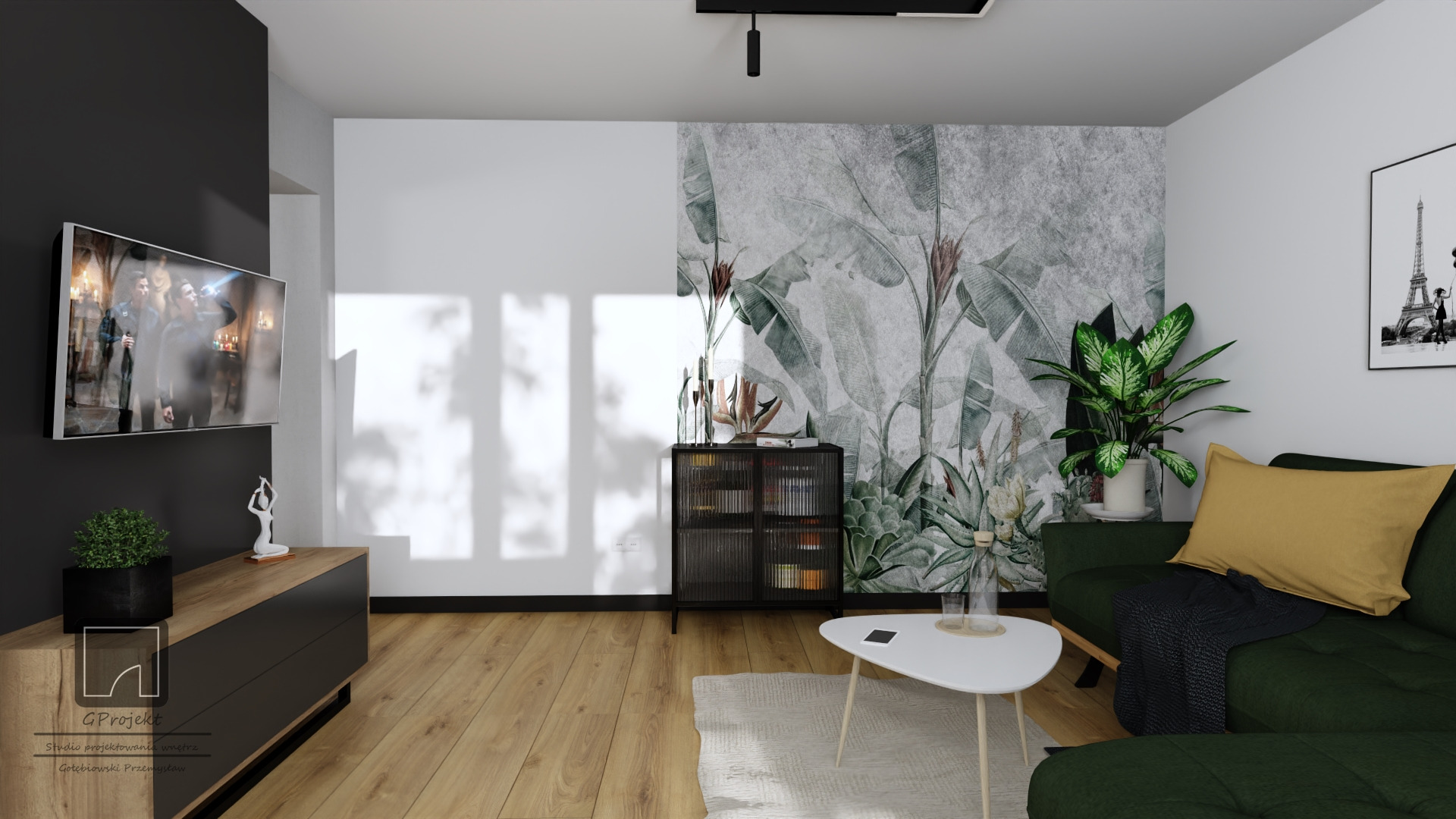 Wizualizacja salonu z drewnianą podłogą, ciemnozieloną sofą z żółtą poduszką, białą ławą, szafką z książkami na tle tapety z motywem roślinnym i telewizorem na czarnej ścianie.