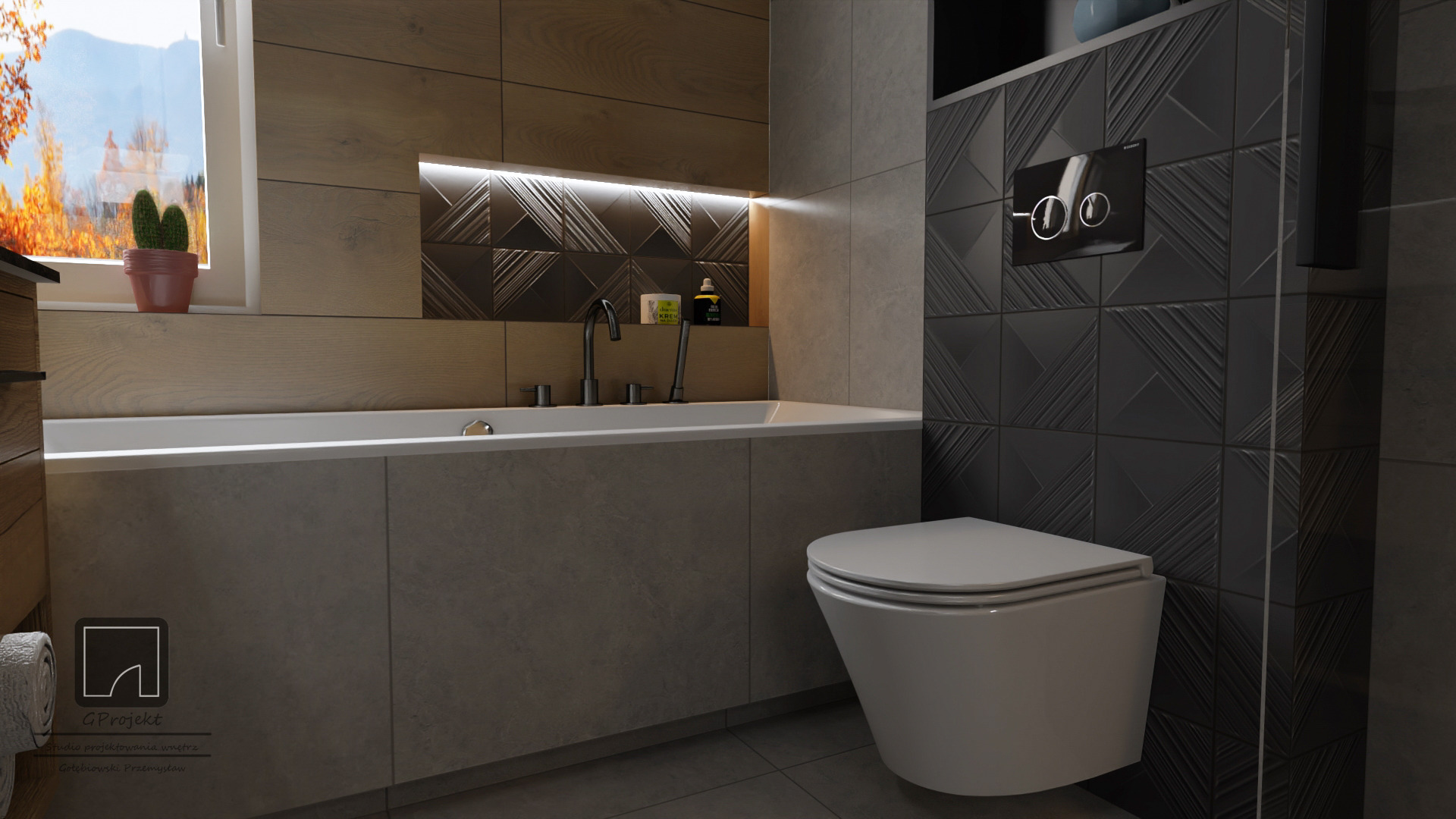 Wizualizacja nowoczesnej łazienki z wanną obudowaną szarymi płytami, toaletą wiszącą na tle ściany z czarnych, trójwymiarowych płytek, oraz oknem z widokiem na jesienne drzewa.