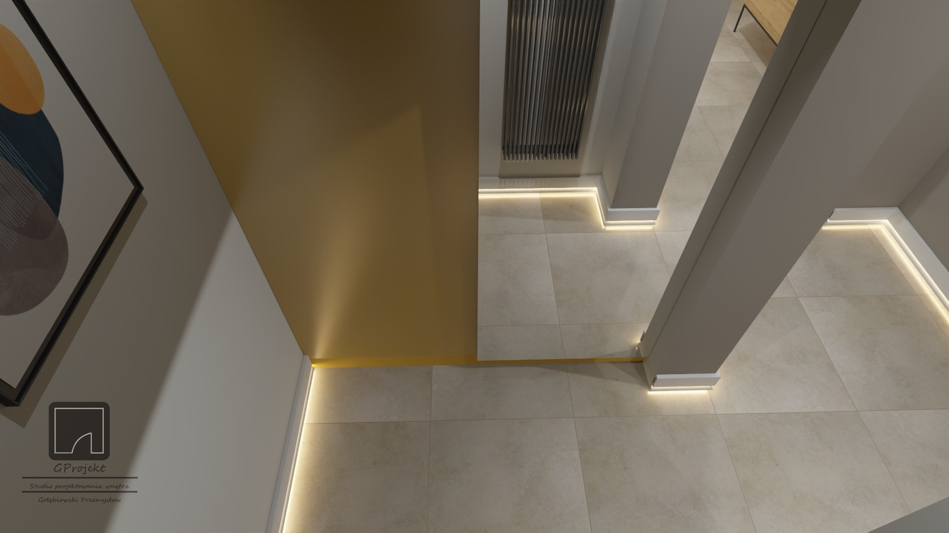 Wnętrze korytarza z beżową podłogą, oświetleniem LED przy listwach przypodłogowych, fragmentem obrazu na ścianie oraz grzejnikiem w kolorze grafitowym