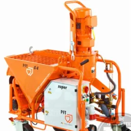 Pomarańczowa maszyna do tynkowania PFT G4 Super na białym tle, z widocznymi detalami konstrukcyjnymi i oznaczeniami producenta.