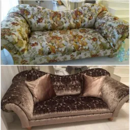 Dwa ujęcia tego samego, nietypowego, tapicerowanego kanapy typu szezlong przed i po renowacji. Górne zdjęcie prezentuje kanapę w jasnej tapicerce z motywem kwiatowym, dolne - w brązowym welurze...