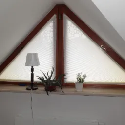 Trójkątne okno na poddaszu z drewnianą ramą i białymi plisowanymi osłonami, na parapecie lampka nocna i dwie rośliny doniczkowe.