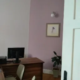 Biuro z dwoma monitorami, drewnianym biurkiem, krzesłem, lampą ścienną, obrazkiem z kwiatem i rośliną doniczkową przy drzwiach.