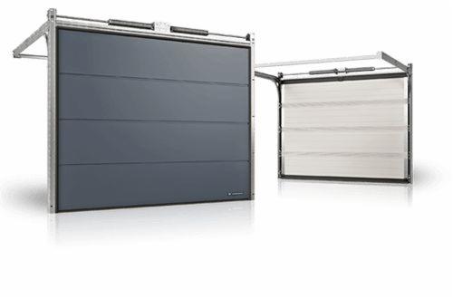 Dwie bramy garażowe segmentowe: zamknięta szara z poziomymi przetłoczeniami i otwarta biała, widoczne prowadnice i sprężyny.