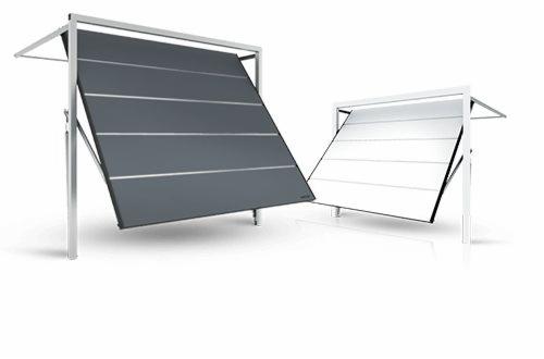 Dwie uchylne konstrukcje segmentowe: szara i biała, z metalowymi ramami, prezentowane na białym tle.