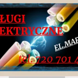 Grafika reklamowa usług elektrycznych z kolorowymi kablami w tle, napisem 'Usługi Elektryczne', nazwą firmy 'EL.MART' i numerem telefonu 720 701 463.