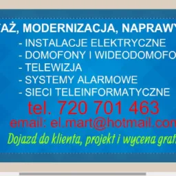 Grafika reklamowa firmy oferującej montaż, modernizację i naprawy instalacji elektrycznych, domofonów, systemów alarmowych i sieci teleinformatycznych, z podanym numerem telefonu i adresem e-mail.