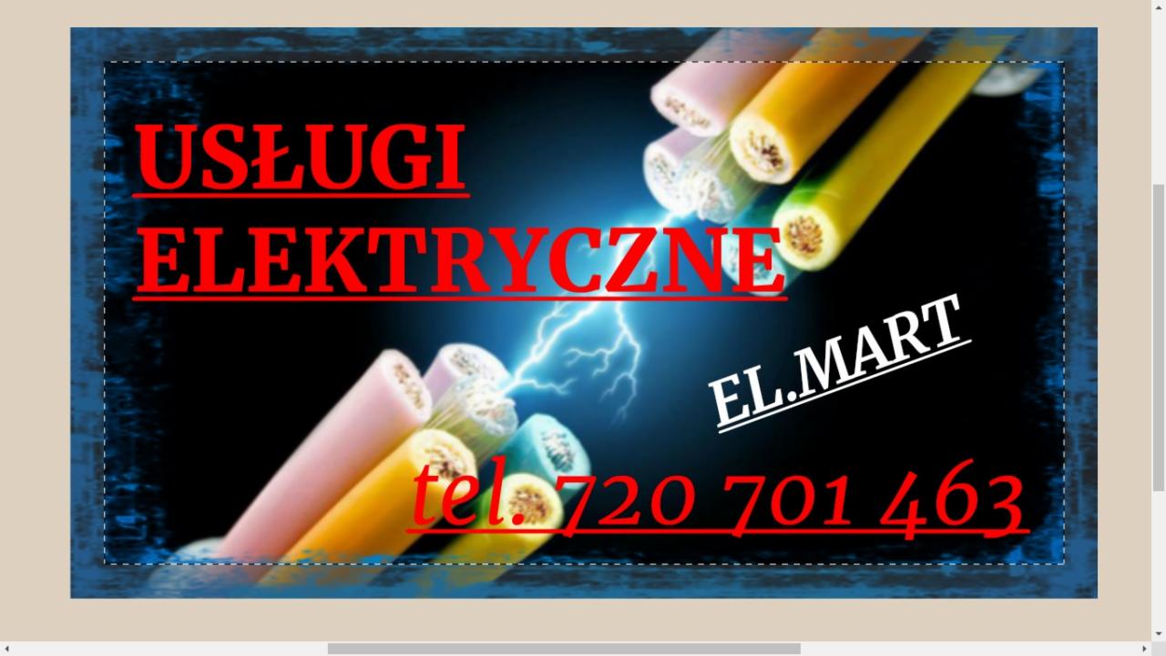 Grafika reklamowa usług elektrycznych z kolorowymi kablami w tle, napisem 'Usługi Elektryczne', nazwą firmy 'EL.MART' i numerem telefonu 720 701 463.