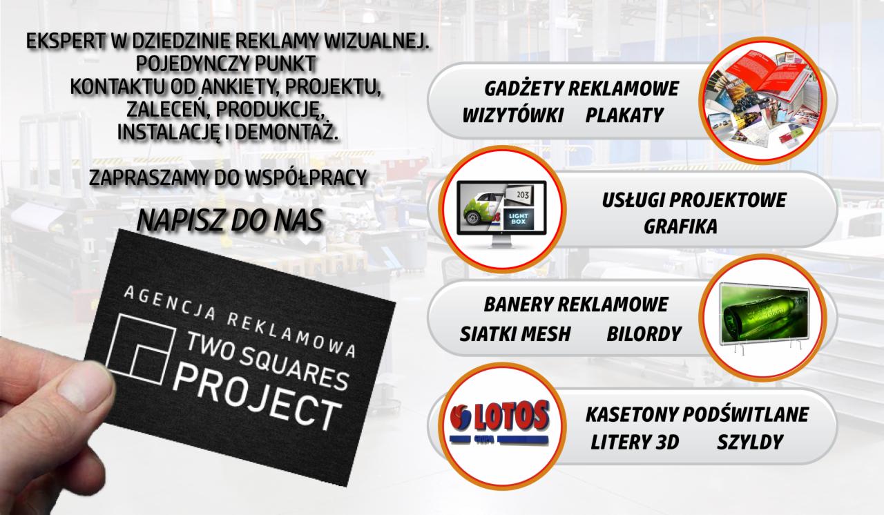 Prezentacja usług agencji reklamowej: wizytówki trzymane w dłoni, gadżety reklamowe, grafika projektowa, banery, kasetony podświetlane, logo Lotos, z tekstem 'ekspert w dziedzinie reklamy wizualnej'.