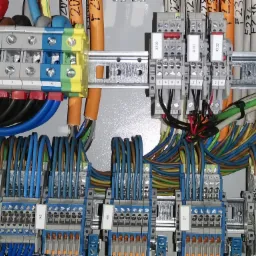 Szczegółowe ujęcie rozdzielnicy elektrycznej z widocznymi listwami zaciskowymi, przewodami o różnych kolorach i oznaczeniach na etykietach, zamontowanymi na szynie DIN wewnątrz szafy sterowniczej.