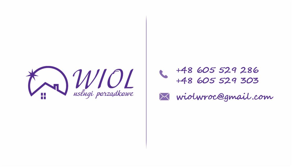 Logo firmy WIOL usługi porządkowe z symbolem domu pod gwiazdą, numerami telefonów i adresem e-mail.