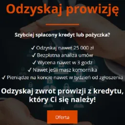 Grafika reklamowa z hasłem 'Odzyskaj prowizję' i informacjami o szybszej spłacie kredytu, bezpłatnej analizie umów i odzyskaniu do 25 000 zł, na ciemnym tle z subtelnymi ikonami i dłońmi w tle.