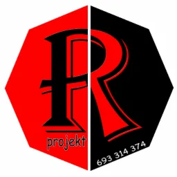 Logo firmy z dużą literą 'R' podzieloną na czerwoną i czarną część, z napisem 'projekt' i numerem telefonu.
