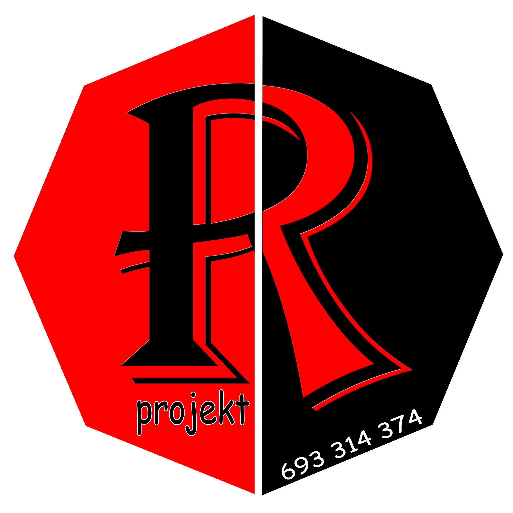 Logo firmy z dużą literą 'R' podzieloną na czerwoną i czarną część, z napisem 'projekt' i numerem telefonu.