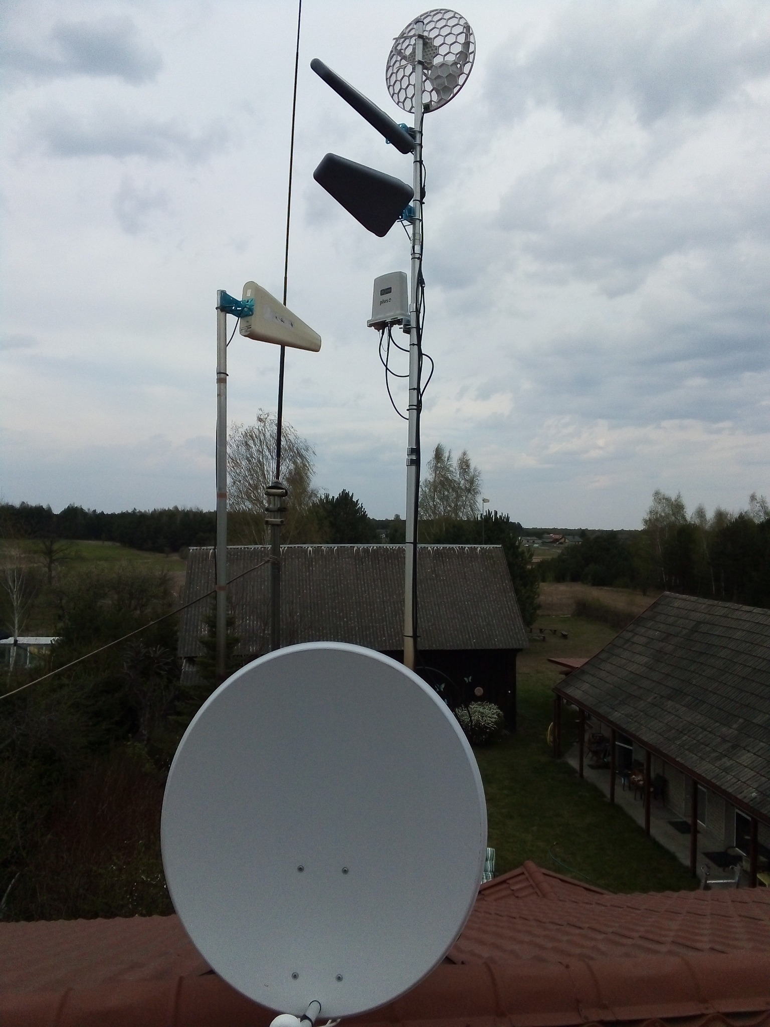 Kompleksowa instalacja antenowa na dachu budynku z widocznymi antenami satelitarnymi, kierunkowymi i panelowymi. W tle krajobraz wiejski pod pochmurnym niebem.