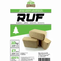 Opakowanie brykietu drzewnego RUF firmy Wood Stocks z informacjami o produkcie, wadze 10kg, wartości opałowej i składzie z trocin sosnowych.