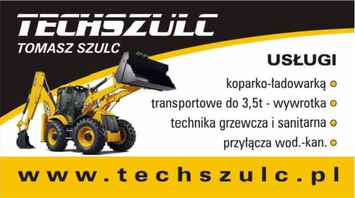Reklama firmy Tomasz Szulc oferującej usługi koparko-ładowarką, transportowe wywrotką do 3,5t, techniki grzewczej i sanitarnej oraz przyłącza wodno-kanalizacyjne. Na czarno-żółtym tle widoczna...