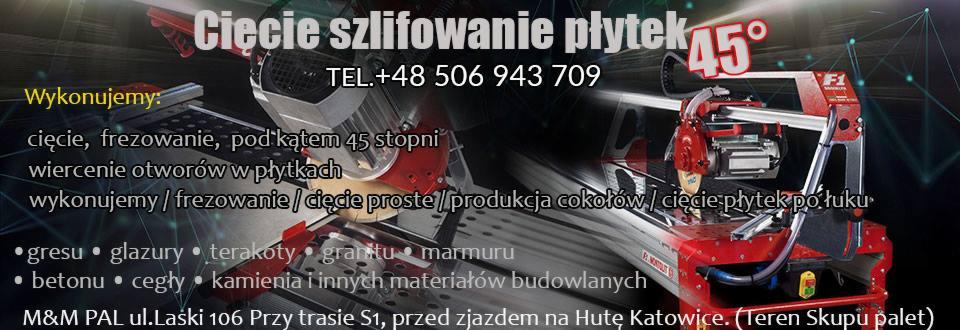 Ilustracja maszyny do cięcia płytek z opisem usług cięcia, frezowania i wiercenia w płytkach, z informacją o materiałach takich jak gres, glazura, terakota, granit, marmur, beton, cegła i kamień...