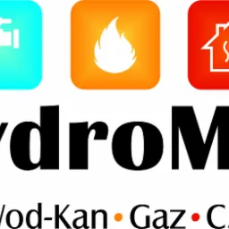 Logo firmy HydroMat z ikonami: kran z kroplą na turkusowym tle, płomień na pomarańczowym tle i dom z ciepłem na czerwonym tle, oraz napisem Wod-Kan, Gaz, C.O.