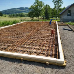 Zbrojenie fundamentu domu jednorodzinnego z widocznymi elementami instalacji, wykonane na zewnątrz w słoneczny dzień z widokiem na malowniczy krajobraz.