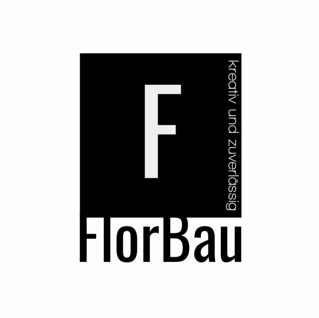 Logo firmy FlorBau z dużą białą literą F na czarnym kwadracie, podpisem 'kreativ und zuverlässig' i nazwą firmy poniżej.