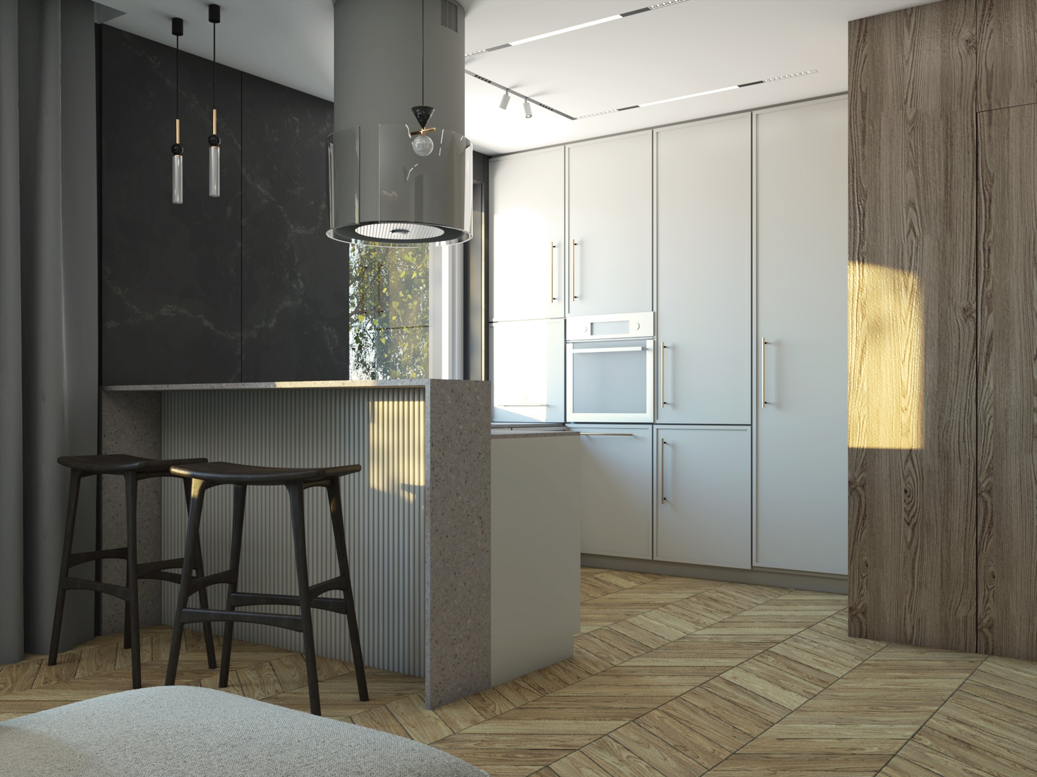 Nowoczesna kuchnia z drewnianą podłogą w jodełkę, wyspą z hokerami i czarną ścianą z marmuru. Minimalistyczne szafki i designerski okap.