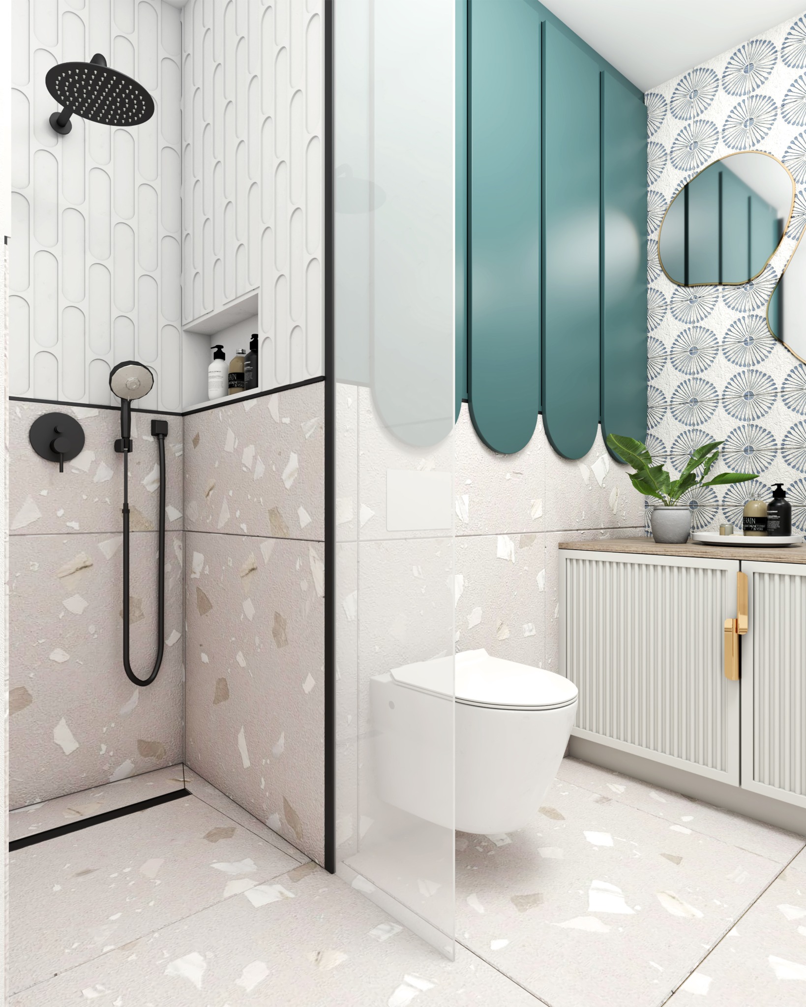 Nowoczesna łazienka z kabiną prysznicową typu walk-in, umywalką na szafce i toaletą. Uwagę zwracają turkusowe panele dekoracyjne i wzorzysta tapeta.