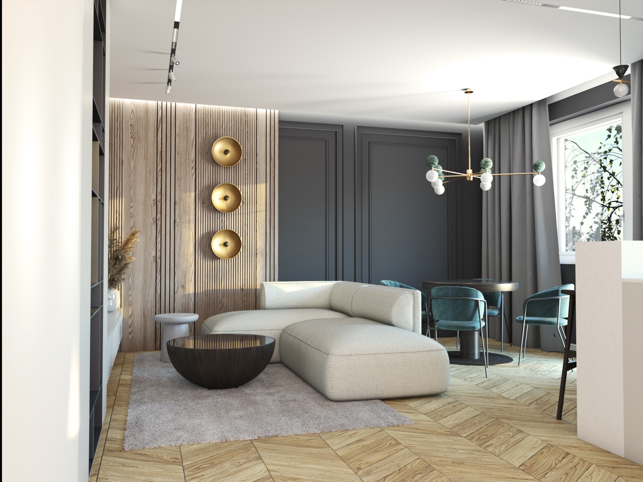 Elegancki salon z narożną sofą, drewnianą ścianą z dekoracjami i parkietem w jodełkę. Nowoczesne oświetlenie i stonowana kolorystyka tworzą przytulną atmosferę.