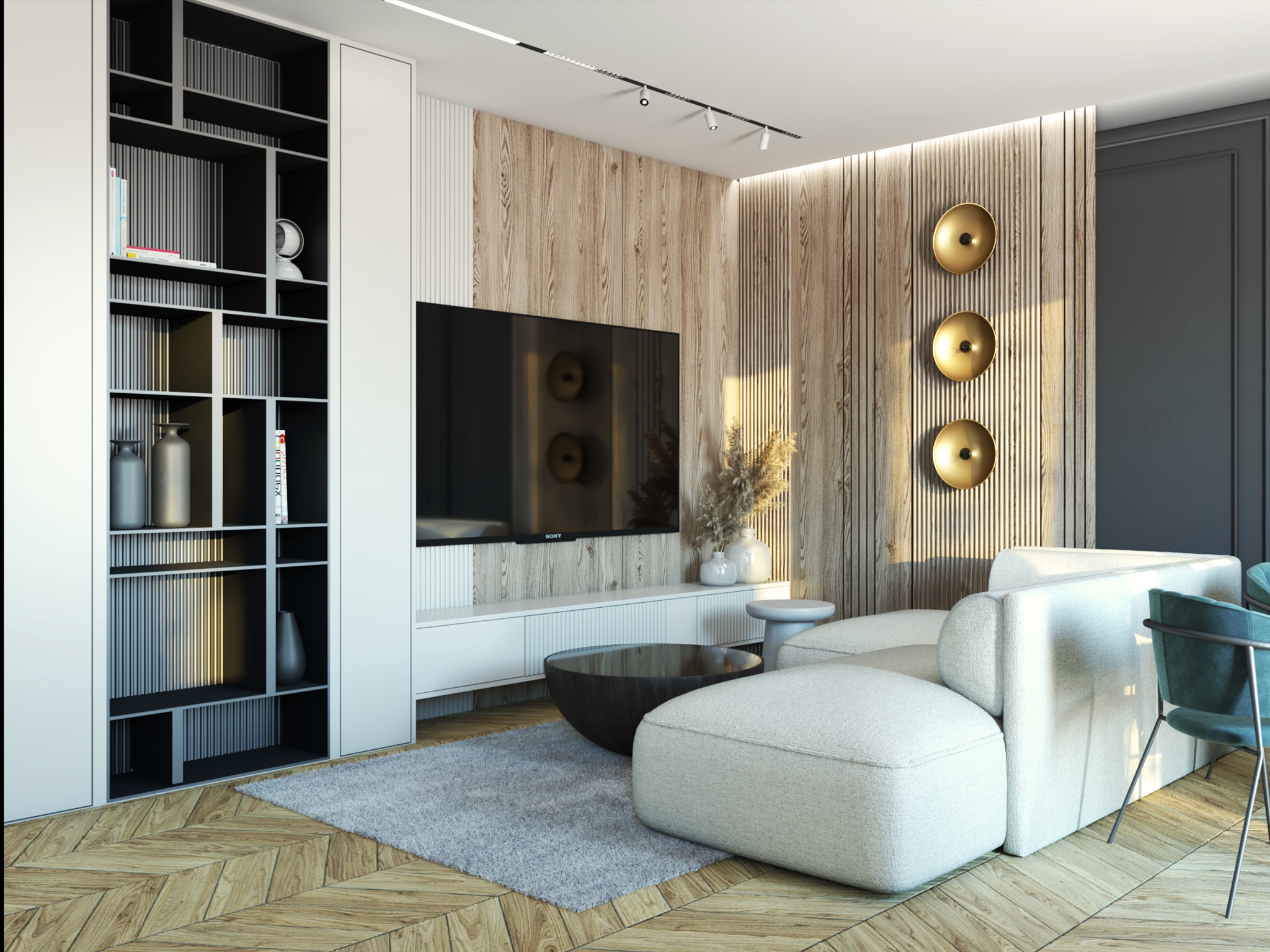 Nowoczesny salon z drewnianą ścianą, białym narożnikiem i regałem. Parkiet w jodełkę, złote dekoracje ścienne i subtelne oświetlenie tworzą przytulną atmosferę.