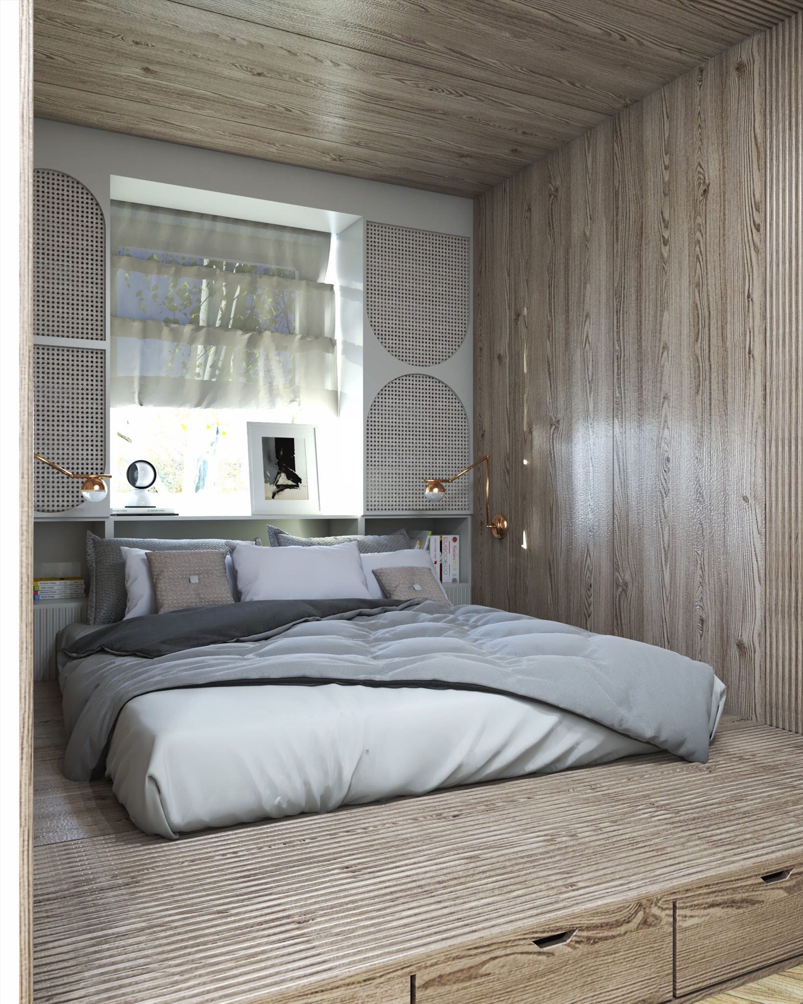 Drewniana sypialnia z platformą zamiast łóżka, oświetlona lampkami ściennymi. W tle okno z delikatnymi firankami i dekoracjami. Minimalistyczny design z naturalnymi materiałami.