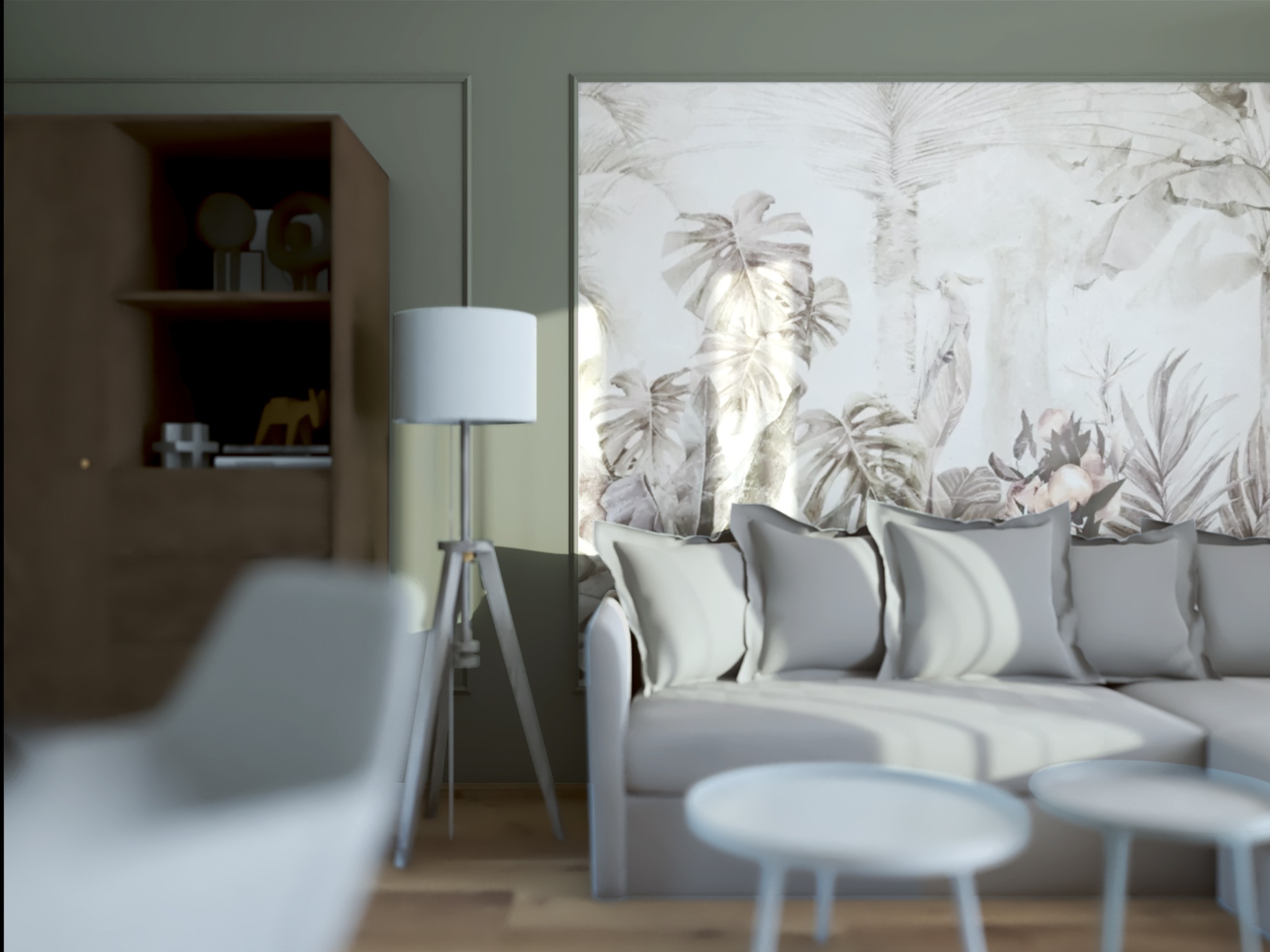 Jasne wnętrze z sofą i lampą trójnóg na tle ściany z motywem tropikalnym. Minimalistyczny stolik kawowy i regał z dekoracjami dopełniają aranżację.