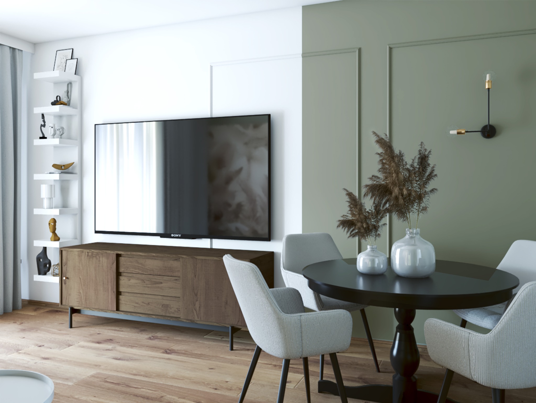 Nowoczesny salon z drewnianą komodą pod telewizorem Sony, okrągłym stołem i dekoracyjnymi wazonami na tle oliwkowozielonej ściany z subtelnymi listwami.