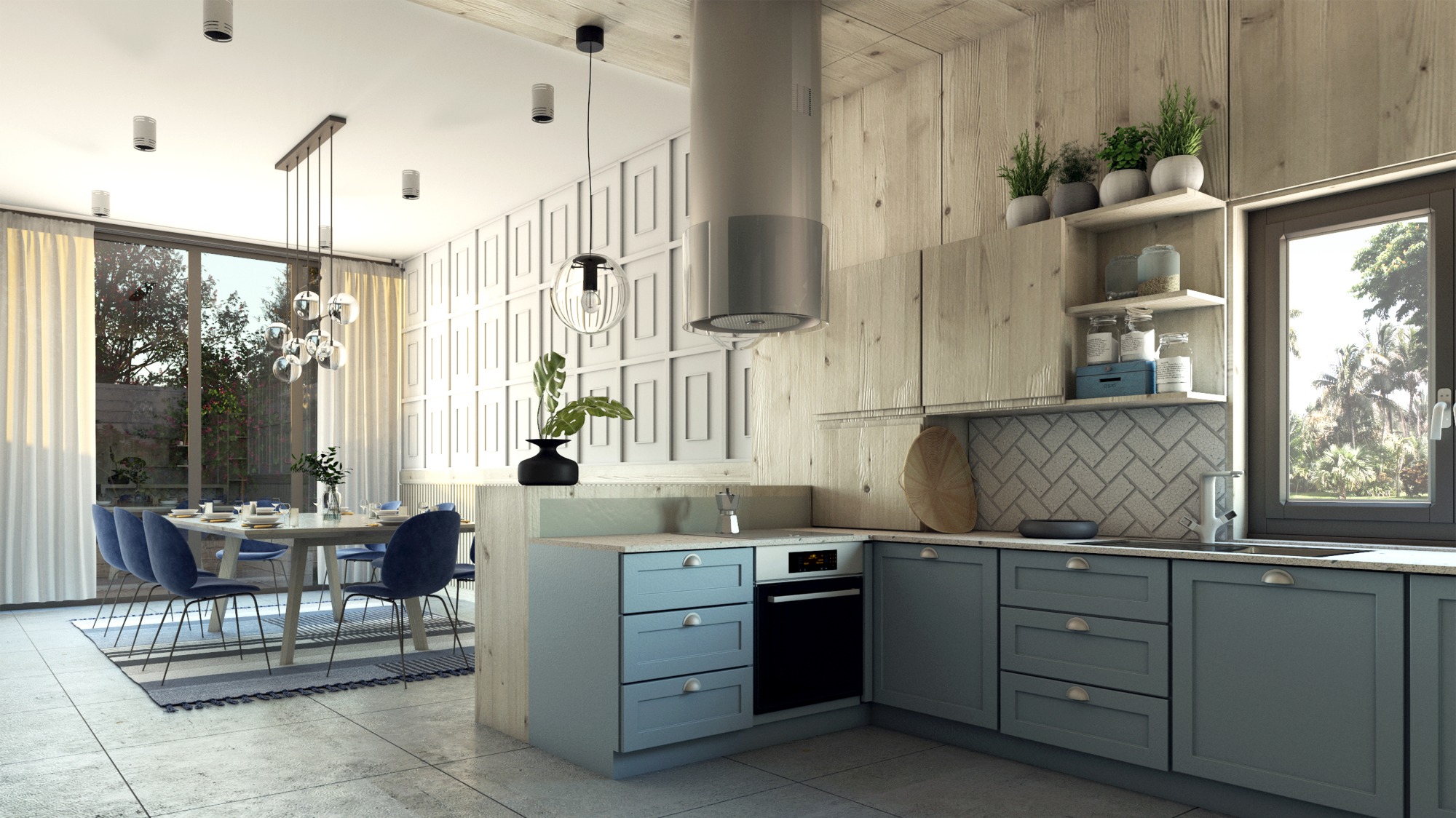 Wnętrze kuchni z jadalnią w stylu skandynawskim. Jasne drewno, szare szafki kuchenne, niebieskie krzesła przy stole, duże okno z widokiem na zieleń.