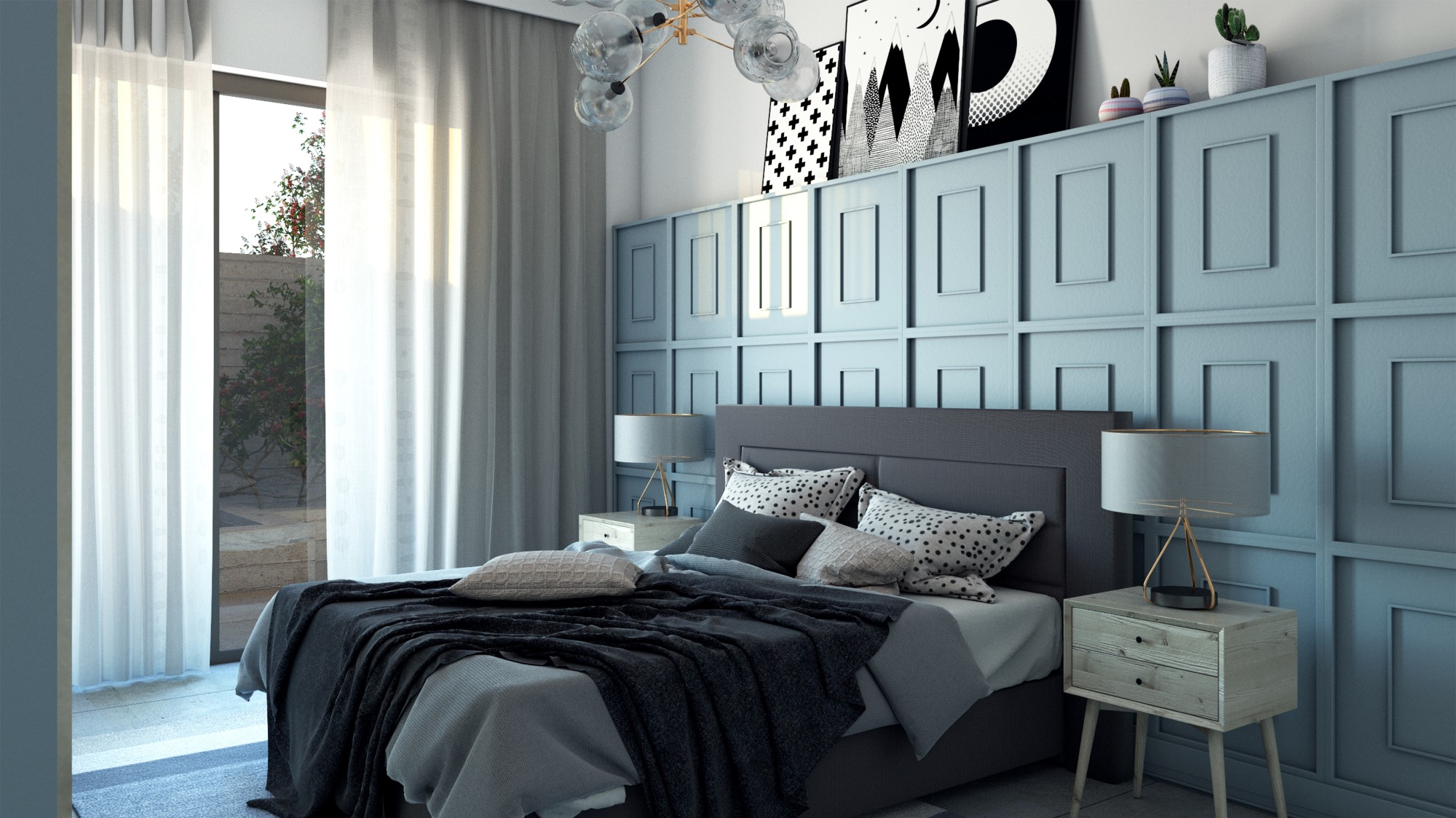 Nowoczesna sypialnia z dekoracyjną, błękitną ścianą w geometryczne wzory, łóżkiem z szarą narzutą i poduszkami w kropki oraz minimalistycznymi lampkami nocnymi na drewnianych stolikach; za oknem...
